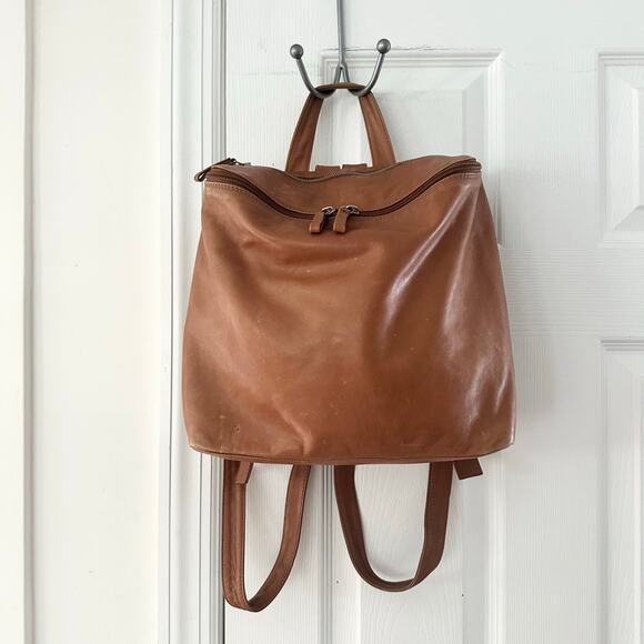 Coccinelle Tan Soft Leather Modern Sleek Top Zip Mini Backpack Silver Hardware - Picture 1 of 12